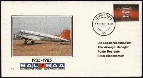 RSA 1985: SAA COVER NO 42 - 50years LOCAL SERVICE JHB - BLOEMFONTEIN