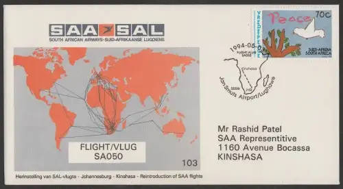 SA AIRWAYS (SAA) FLIGHT COVER # 103 - 1994 FLIGHT SA050 JHB - KINSHASA