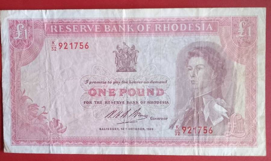 reserve bank of rhodesia 1 pound note 1968 not often seen(#k32-921756)