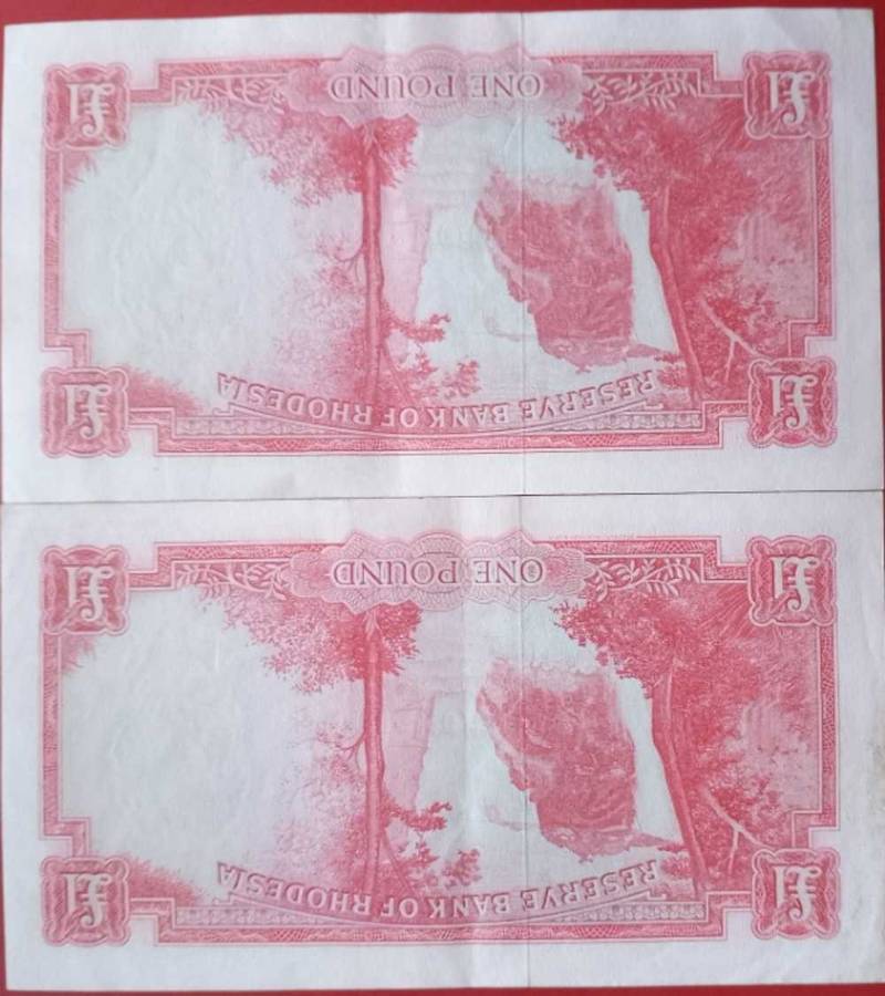 RHODESIA 1 POUND BANK NOTE X2 CONSECUTIVE NUMBERS VF VERY SCARCE SEPTEMBER 1964