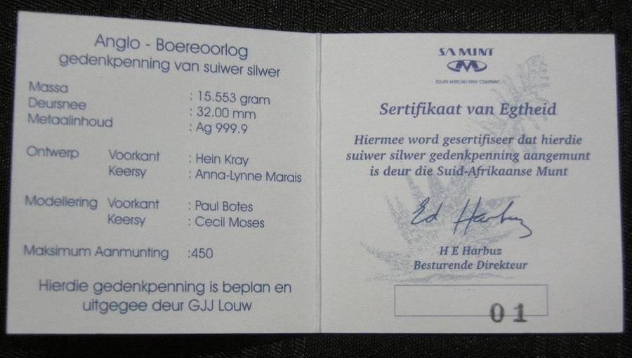 Anglo-Boereoorlog Bittereinder Gedenkpenning No 1 Certificate of Authenticity Original SA Mint Box