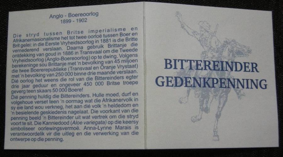 Anglo-Boereoorlog Bittereinder Gedenkpenning No 1 Certificate of Authenticity Original SA Mint Box