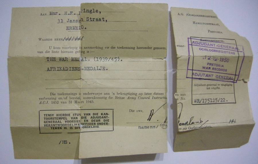 Full Size WWII Medal Pair Named to 175125 H. F. PRINGLE