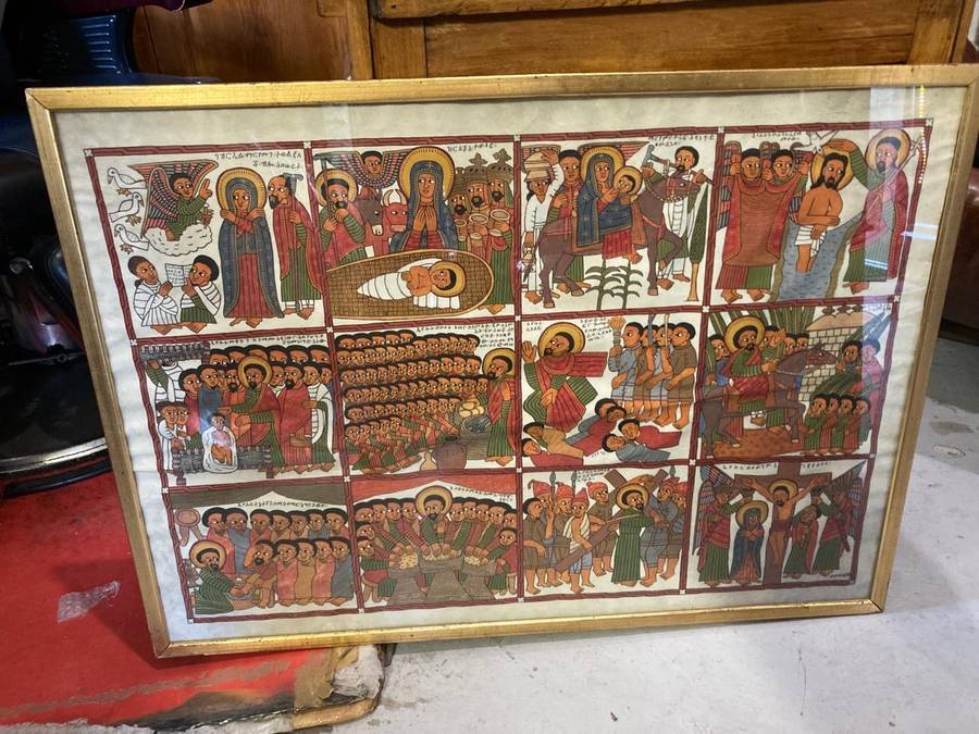 Rare Ethiopian Coptic Church Painting on Cowhide :the life of Jesus ( 93 x 67 cm )