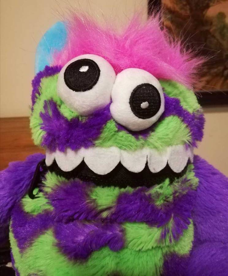 Purple & Green Colour Worry Monster Plush Soft Toy - Loves Eating Your Worries! 30cm.