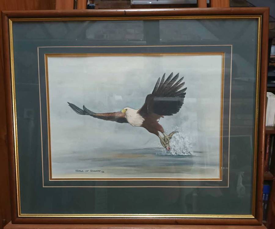 Fish eagle scene watercolour by Estelle van Schalkwyk