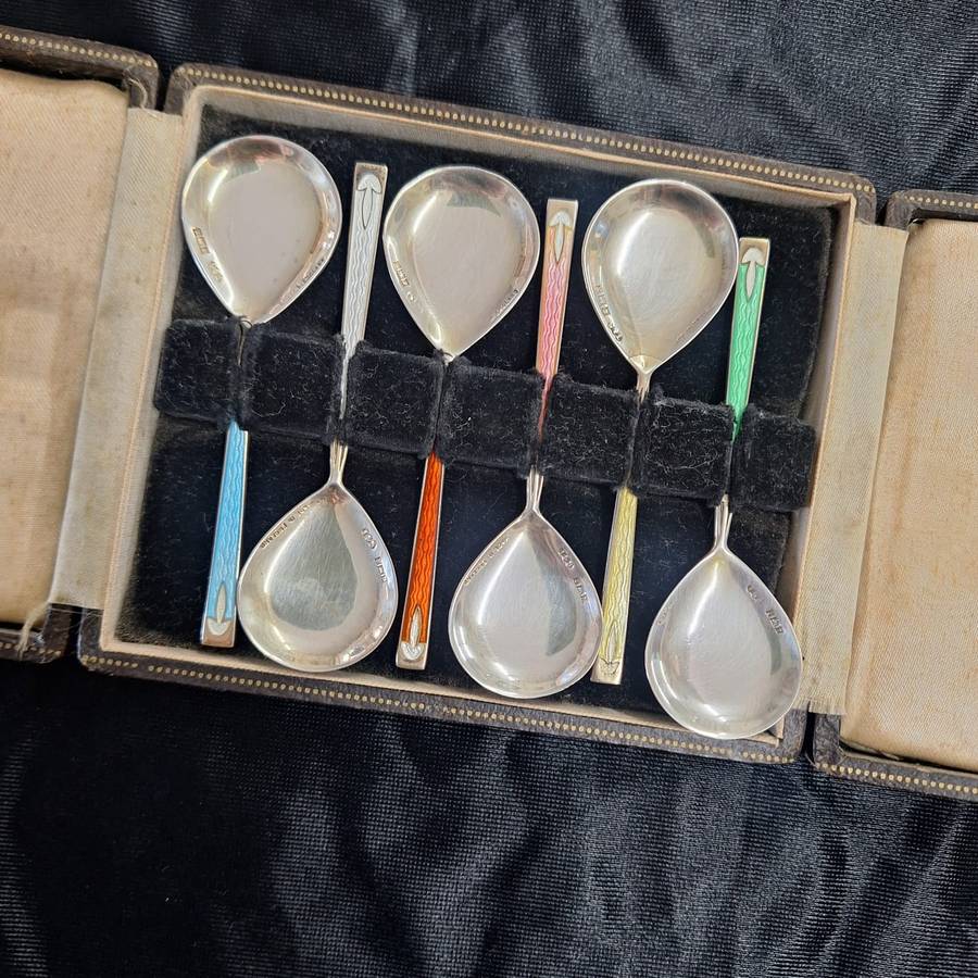 Coffee Spoons 6 - Silver Gilt & Coloured Guilloche Enamel - Turner & Simpson - Hallmarked