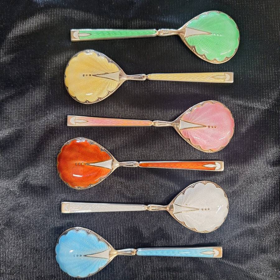 Coffee Spoons 6 - Silver Gilt & Coloured Guilloche Enamel - Turner & Simpson - Hallmarked
