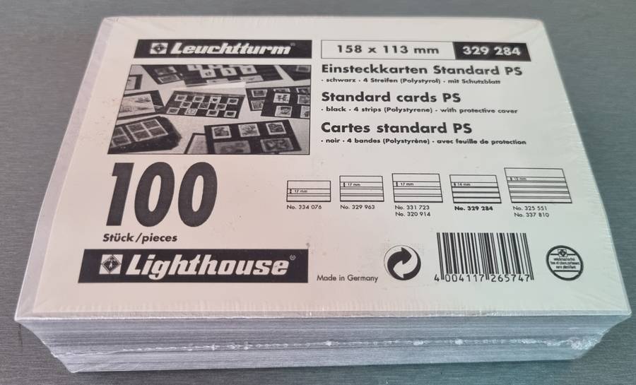 LIGHTHOUSE (X100) STANDARD STOCK CARDS STILL SEALED 158x113mm. BLACK. FOUR STRIPS. AS PER IMAGES.
