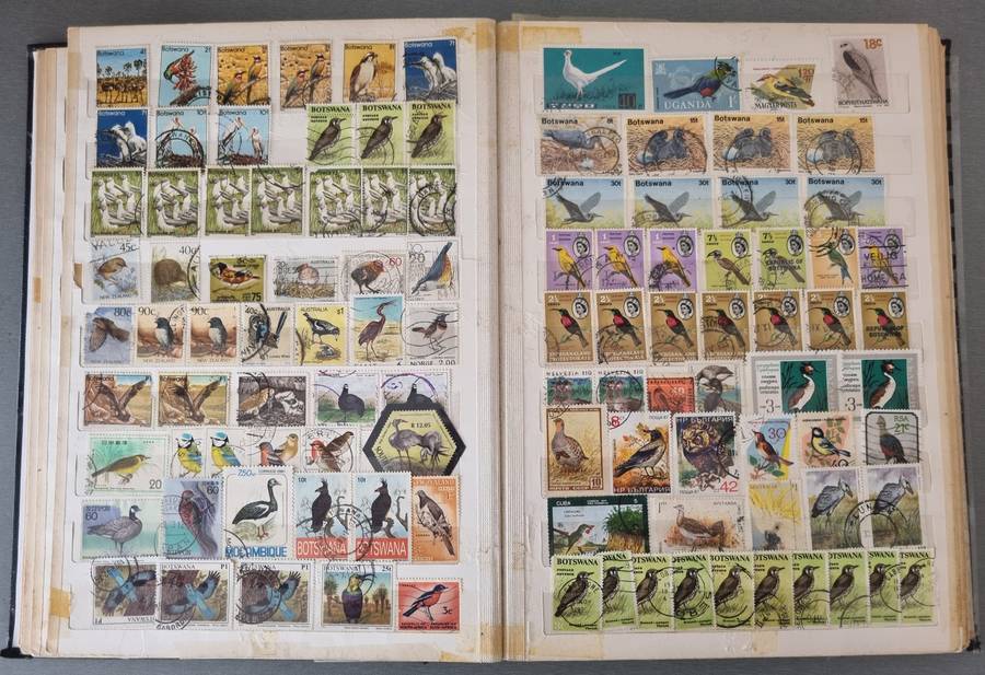 OLD ALBUM (NOT IN GREAT NICK) WITH MANY USED BIRDS, SOME BUTTERFLY, SINGLES ETC. NB: PLS READ BELOW