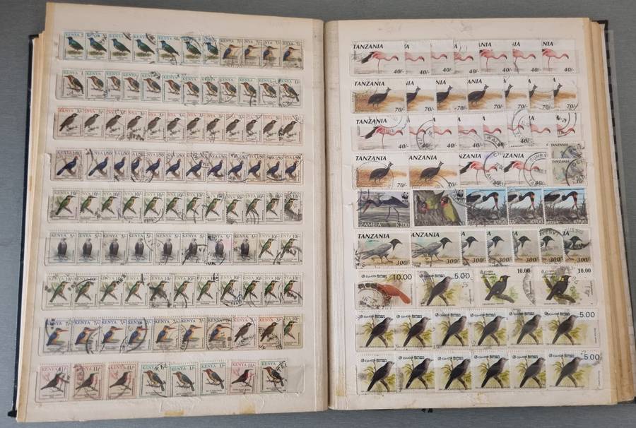 OLD ALBUM (NOT IN GREAT NICK) WITH MANY USED BIRDS, SOME BUTTERFLY, SINGLES ETC. NB: PLS READ BELOW