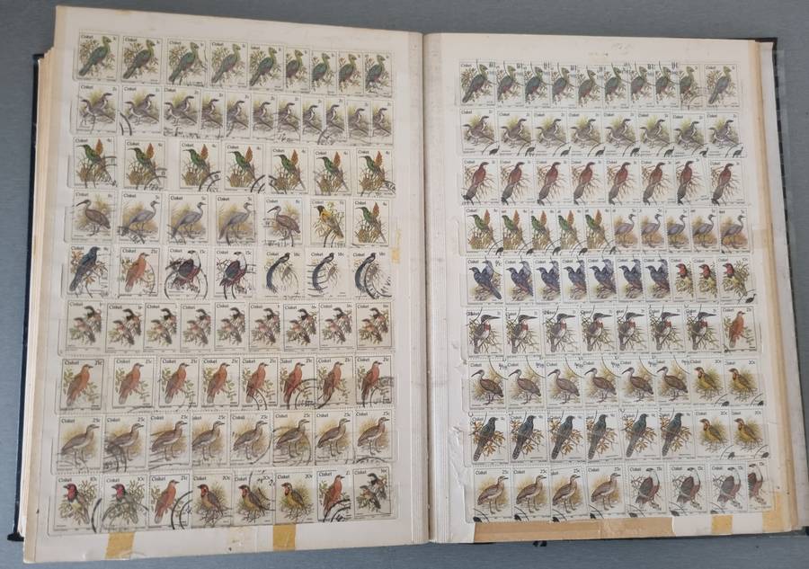 OLD ALBUM (NOT IN GREAT NICK) WITH MANY USED BIRDS, SOME BUTTERFLY, SINGLES ETC. NB: PLS READ BELOW