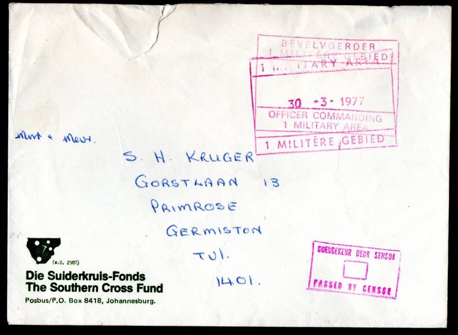 BORDER WAR 1977 PASSED BY CENSOR COVER TO GERMISTON. CONDITION AS PER SCANS.