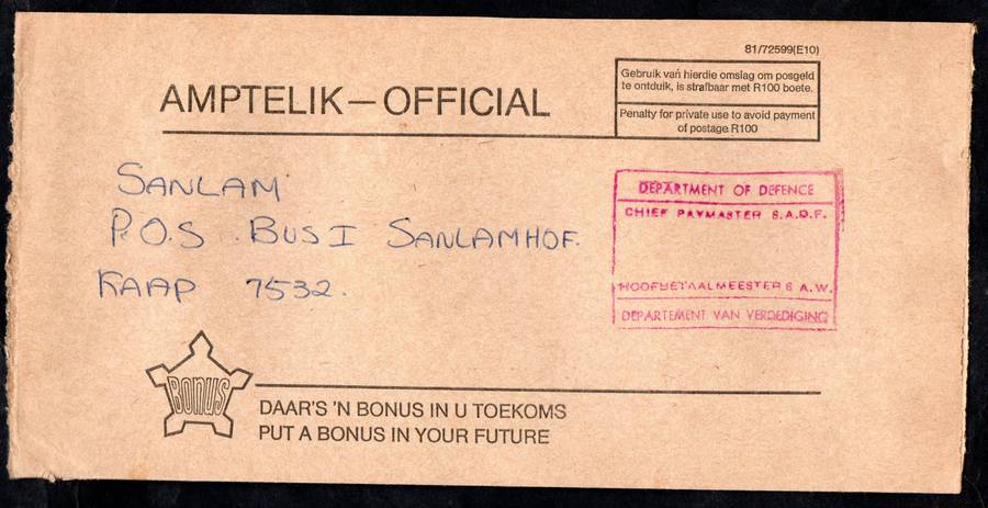 RSA (X5) OFFICIAL COVERS RUBBER STAMPED 'DEPARTMENT OF DEFENCE/CHIEF PAY MASTER SADF' ADDR TO SANLAM