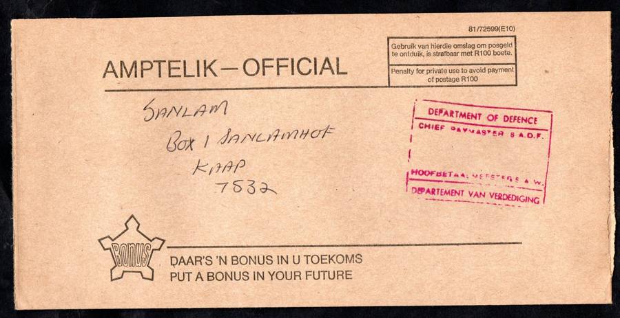 RSA (X5) OFFICIAL COVERS RUBBER STAMPED 'DEPARTMENT OF DEFENCE/CHIEF PAY MASTER SADF' ADDR TO SANLAM