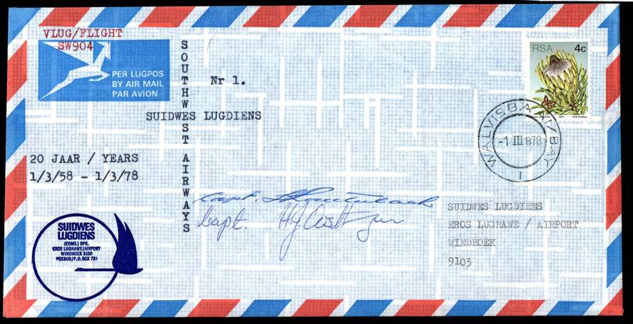 SOUTH WEST AIRWAYS 20TH ANNIVERSARY (X2) FLIGHT COVERS NO. 1. BOTH SIGNED. AS PER SCANS,