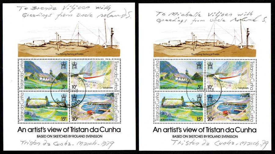 TRISTAN DA CUNHA 1978 AN ARTIST'S VIEW MSHEETS CTO (X3) SIGNED 'ARTIST - ROLAND SVENSSON'.