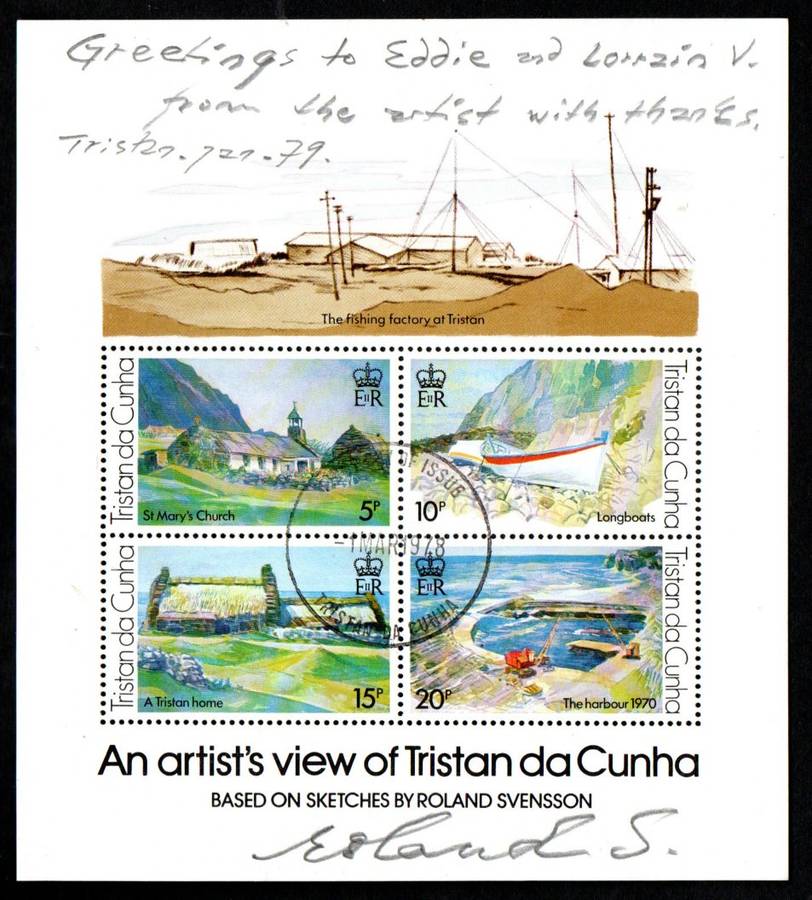 TRISTAN DA CUNHA 1978 AN ARTIST'S VIEW MSHEETS CTO (X3) SIGNED 'ARTIST - ROLAND SVENSSON'.