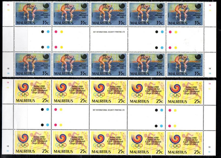 MAURITIUS 1988 OLYMPIC GAMES SEOUL UMM SET OF (X4) GUTTER STRIPS OF (X10). SG794-7. TOTAL CV GBP 35.