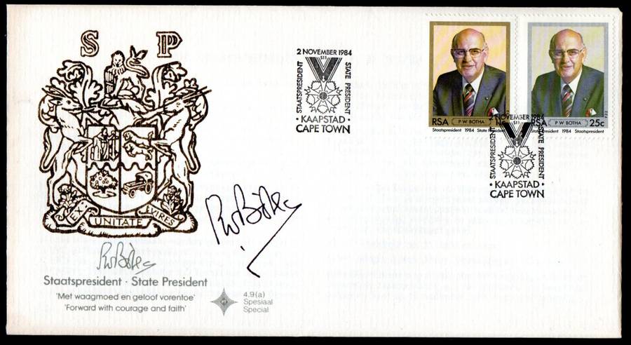 RSA 1984 INAUGURATION OF PRESIDENT PW BOTHA FDC NO 4.9a SIGNED 'BOTHA'. AS PER SCANS.