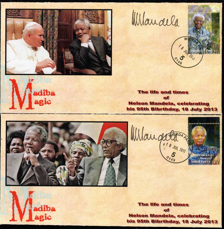 RSA 2013 NELSON MANDELA'S 95TH BIRTHDAY PRIVATELY MADE COVERS (X2). PRINTED SIGNATURES. AS PER SCANS