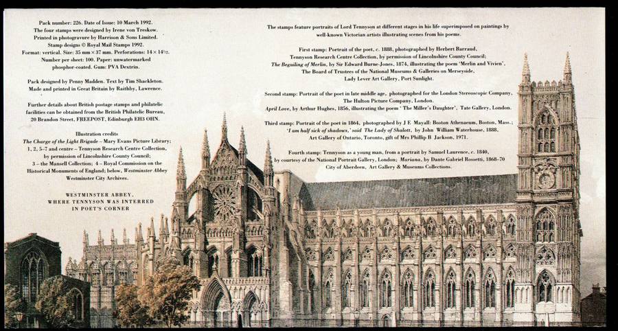 GB 1992 death centenary of Alfred, Lord Tennyson mint presentation pack no 226.