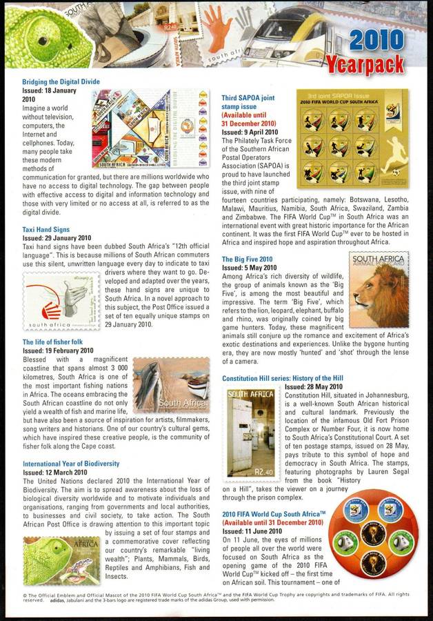 RSA 2010 YEAR PACK (OPENED) WITH CTO STAMPS, SHEETS ETC (STAMPS STILL IN PLASTIC). AS PER SCANS.
