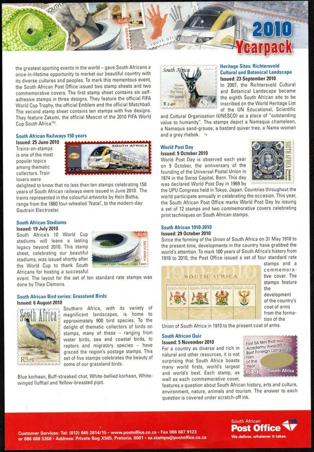 RSA 2010 YEAR PACK (OPENED) WITH CTO STAMPS, SHEETS ETC (STAMPS STILL IN PLASTIC). AS PER SCANS.