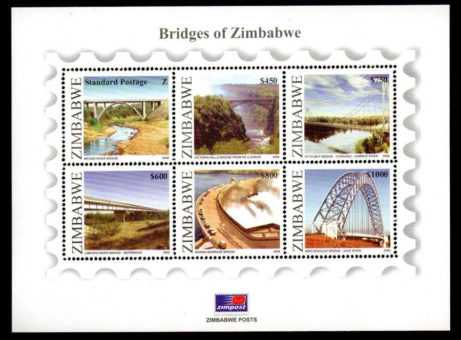 ZIMBABWE 2006 BRIDGES OF ZIMBABWE UMM MINI SHEET. AS PER SCANS. SGMS1202. CV GBP 12.