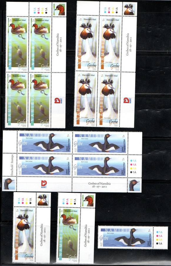 NAMIBIA 2011 GREBES OF NAMIBIA SET OF (X3) UMM CONTROL BLKS + SINGLES + FDC NO 3.80. CV R520. READ