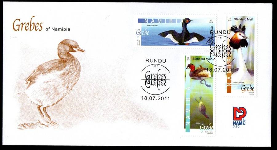NAMIBIA 2011 GREBES OF NAMIBIA SET OF (X3) UMM CONTROL BLKS + SINGLES + FDC NO 3.80. CV R520. READ