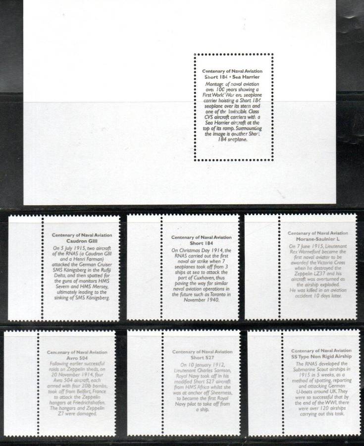 GIBRALTAR 2008 CENTEN OF NAVAL AVIATION UMM SET OF (X6) SINGLES. SG1317/22. CV GBP 17. AS PER SCANS.