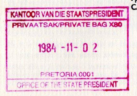 RSA 1984 inauguration of state president PW Botha FDC no 4.9a signed 'Botha' - as per scans.