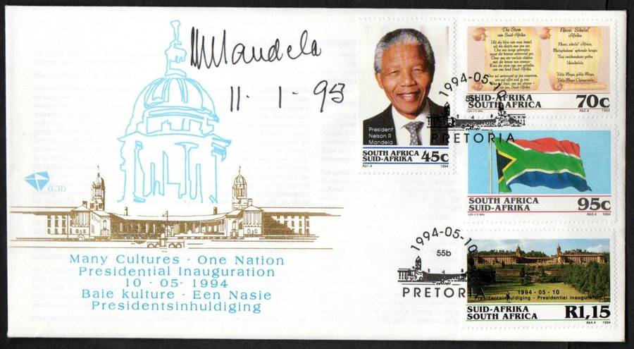 RSA 1994 Inauguration FDC 6.3b signed by 'Nelson Mandela' (11/1/95) + certificate of authenticity.