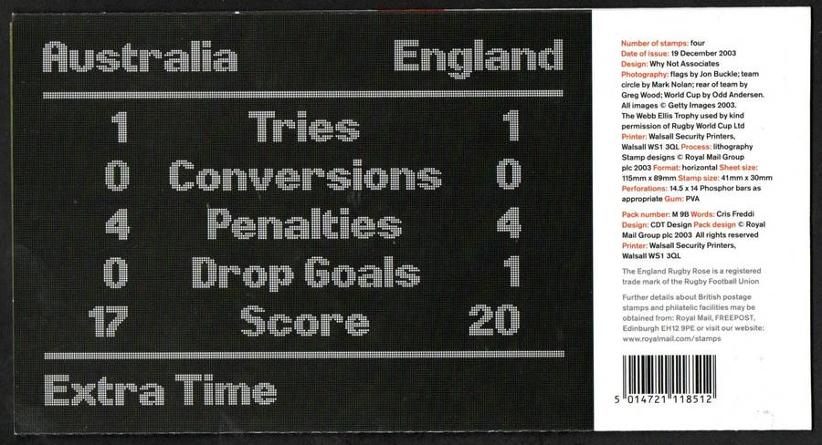 GB 2003 Englands victory in Rugby World Cup mint presentation pack no M9B - CV GBP 20.