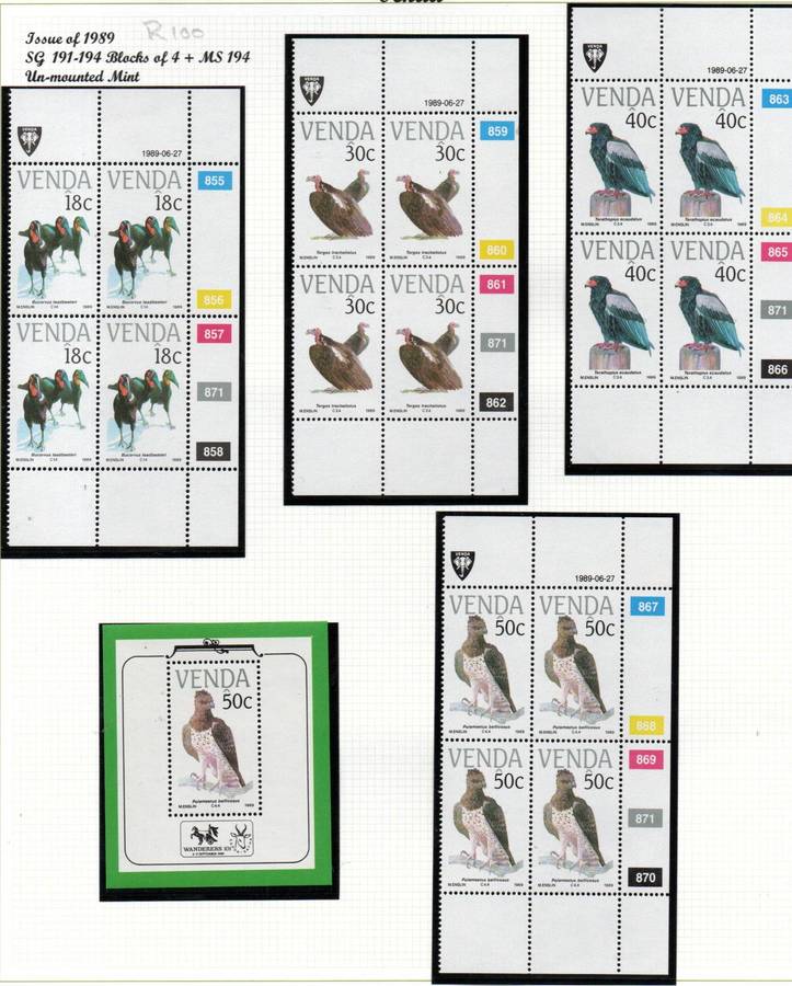 Venda 1987-1991 birds sets of controls + odd msheet umm  as per scans  total CV R980.