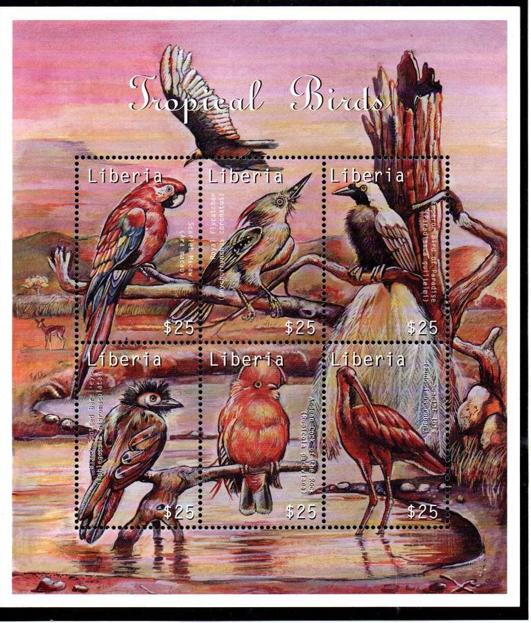 Liberia 2000 tropical birds umm setenant sheet - as per scans - good value - nice thematic.