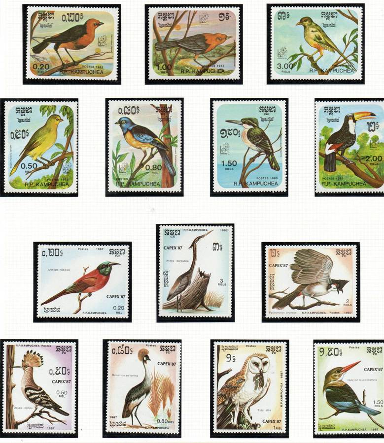 Kampuchea 1985 + 1987 birds sets (x2) umm  SG648/54 + SG823/29  total CV GBP 19+.
