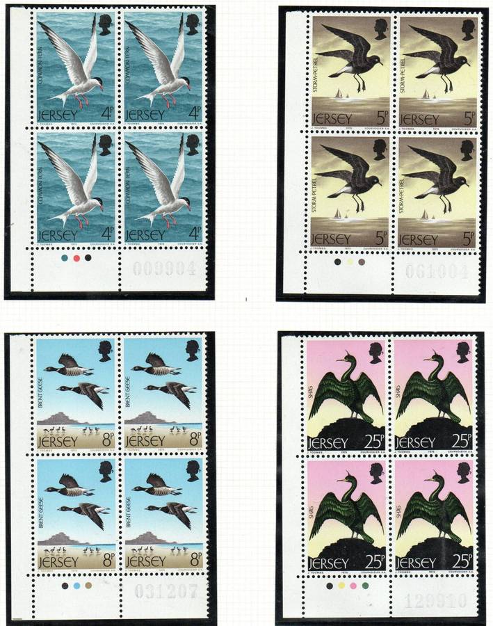 Jersey 1975 seabirds umm set of (x4) control blks  SG129-132  lovely thematics.
