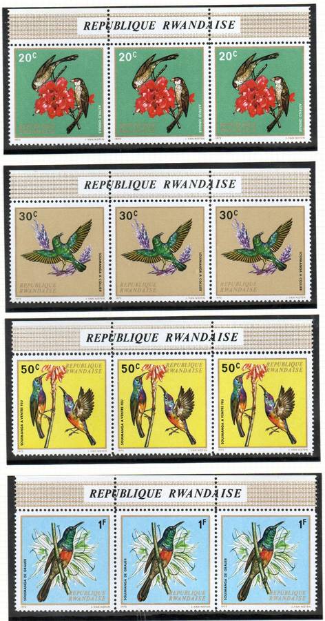 Rwanda 1972 birds umm set of (x10) strips of (x3)  SG469/78  CV GBP 36+.