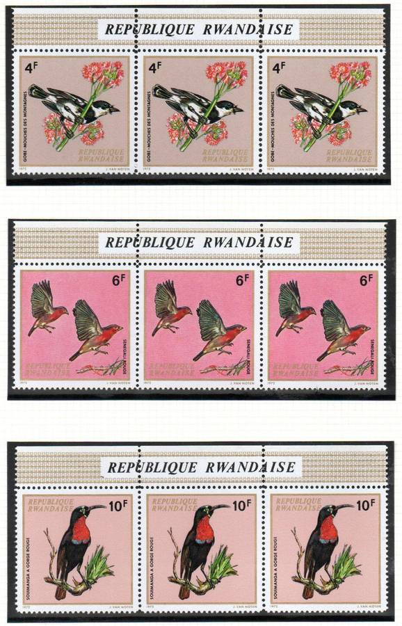 Rwanda 1972 birds umm set of (x10) strips of (x3)  SG469/78  CV GBP 36+.