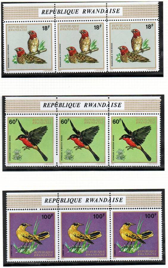 Rwanda 1972 birds umm set of (x10) strips of (x3)  SG469/78  CV GBP 36+.