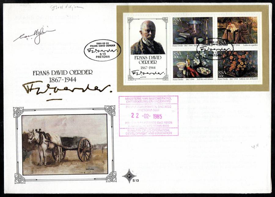 RSA 1985 paintings by Oerder FDC S13 signed/rubber stamped Gerrit Viljoen  Minister of Education'.
