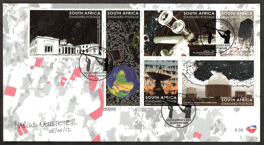 RSA 2012 Astronomy in SA FDC no 8.34 signed by 'Marcus Neustetter - Designer' - as per scans.