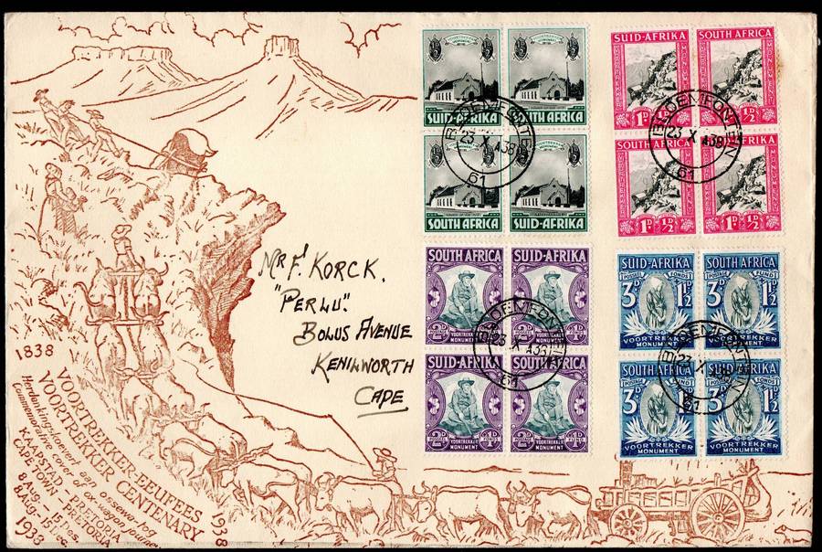 Union 1938 Voortrekker cover - as per scans - Bloemfontein cancels.