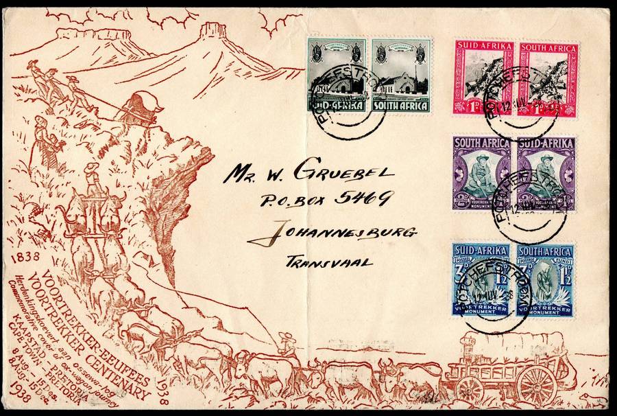 Union 1938 Voortrekker cover - as per scans. Potchefstroom cancels with odd varieties - as described