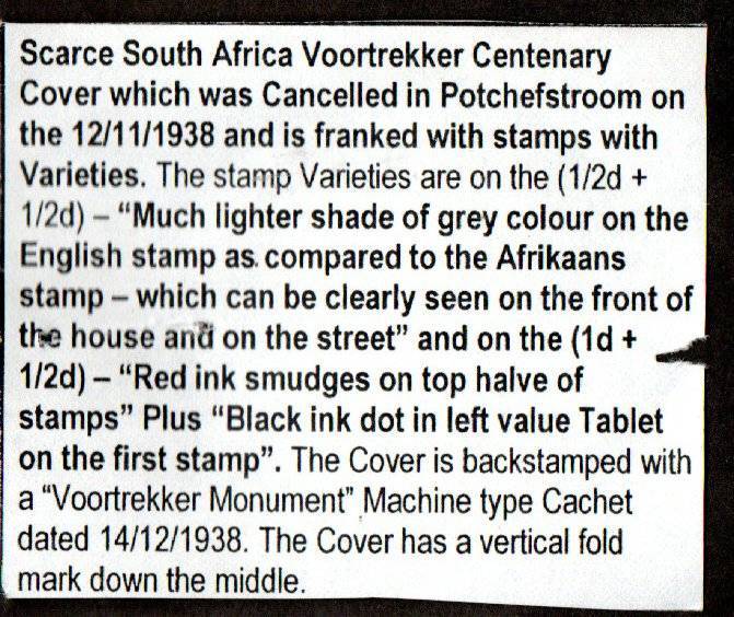 Union 1938 Voortrekker cover - as per scans. Potchefstroom cancels with odd varieties - as described