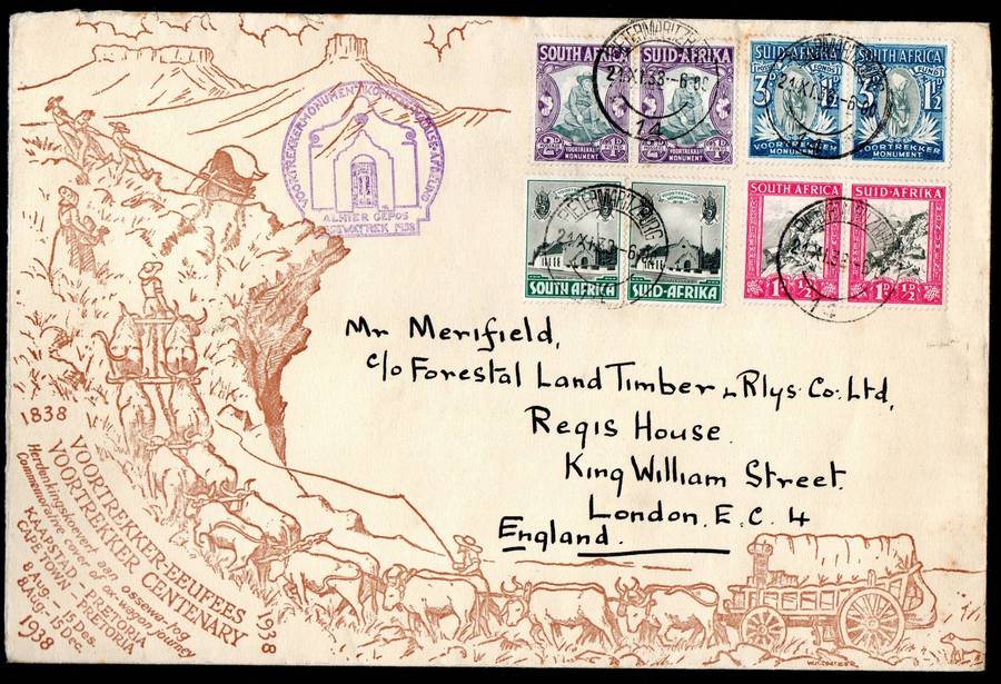 Union 1938 Voortrekker (Blood River Trek) cover Pietermaritzburg cancels  with purple cachet.