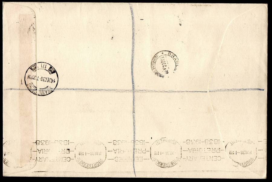 Union 1938 Voortrekker cover Riversdale cancels - 1 of 585  dd 24 AUG c38 - JHB, Bramley back stamps