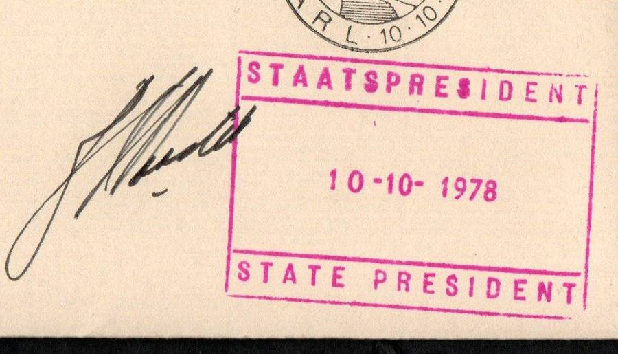 RSA 1975 inaug of Afrikaans Language Monument FDC no 2.9 signed/rubber stamp 'Pres BJ Vorster'.